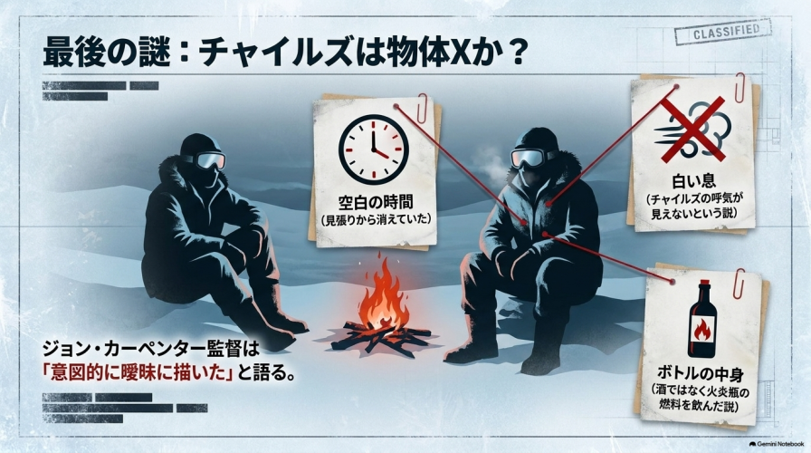 空白の時間、見えない白い息、ボトルの中身といったチャイルズ怪物説の根拠と、監督が意図的に曖昧に描いたという事実のまとめ