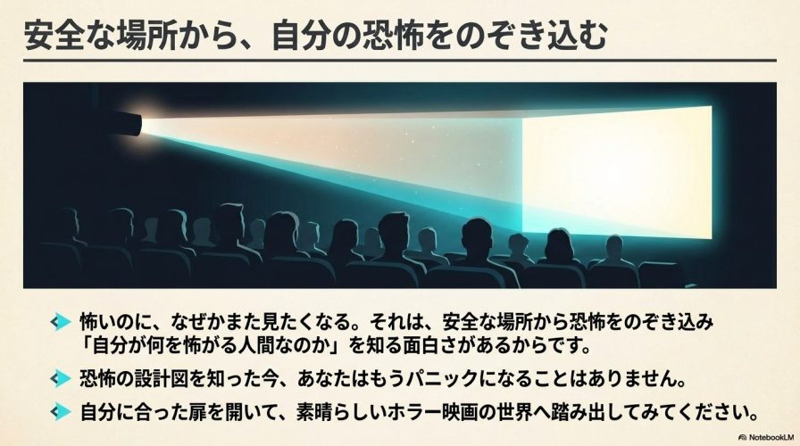 安全な場所から、自分の恐怖をのぞき込む。映画館のスクリーンを見上げる観客のイラスト。