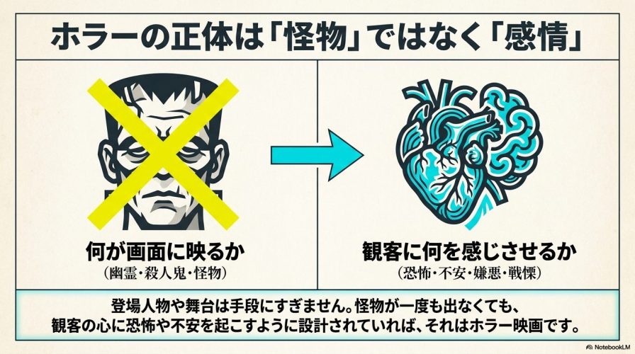 ホラーの正体は怪物ではなく感情。フランケンシュタインの怪物にバツ印がつけられ、脳と心臓が描かれたイラスト。