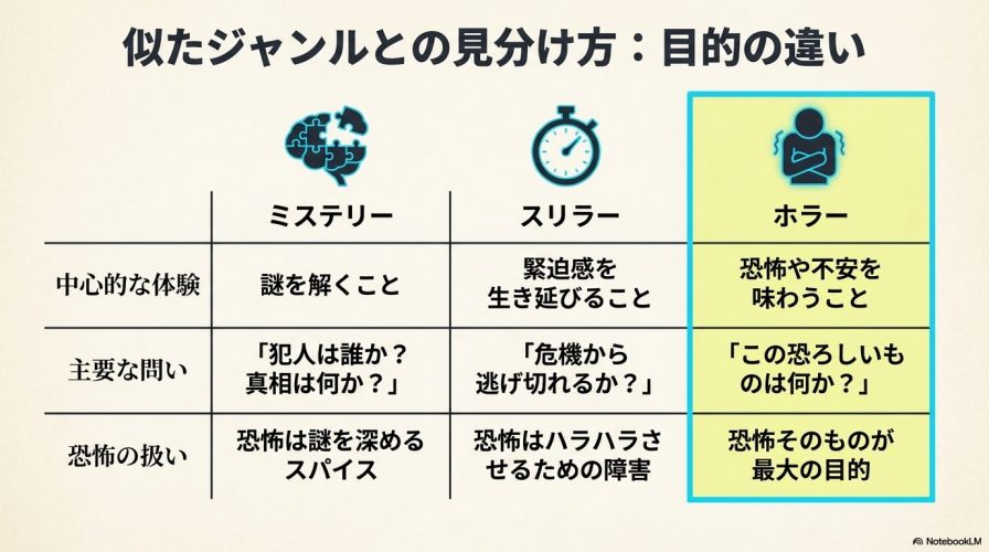 似たジャンルとの見分け方。ミステリーは謎解き、スリラーは緊迫感、ホラーは恐怖を味わうことが中心的な体験であることを比較した表。