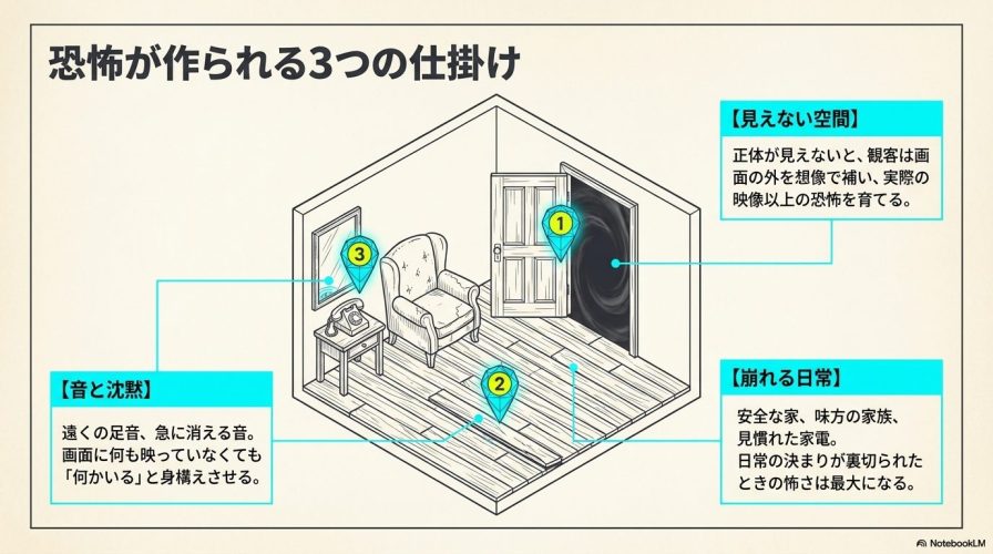 恐怖が作られる3つの仕掛け。見えない空間、音と沈黙、崩れる日常という要素が恐怖を生み出す仕組みを図解した部屋のイラスト。