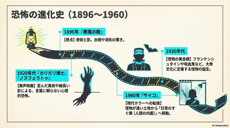 恐怖の進化史（1896〜1960年）。悪魔の館から無声映画、怪物の黄金期を経てサイコに至るまでのホラー映画の変遷。