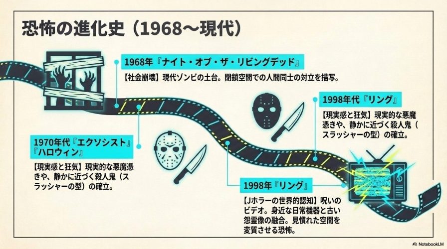 恐怖の進化史（1968〜現代）。ナイト・オブ・ザ・リビングデッド、エクソシストなどの現実感ある狂気から、リングなどJホラーの世界的認知までの変遷。