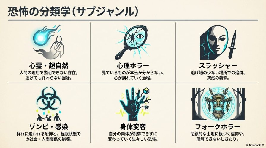 恐怖の分類学。心霊・超自然、心理ホラー、スラッシャー、ゾンビ・感染、身体変容、フォークホラーの6つのサブジャンルと特徴のまとめ。