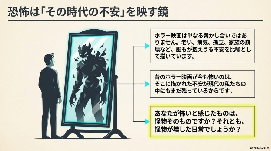 恐怖は時代の不安を映す鏡。人物が鏡を見ると怪物が映っているイラスト。映画の恐怖は老いや孤立など誰もが抱えうる不安の比喩であることを説明。