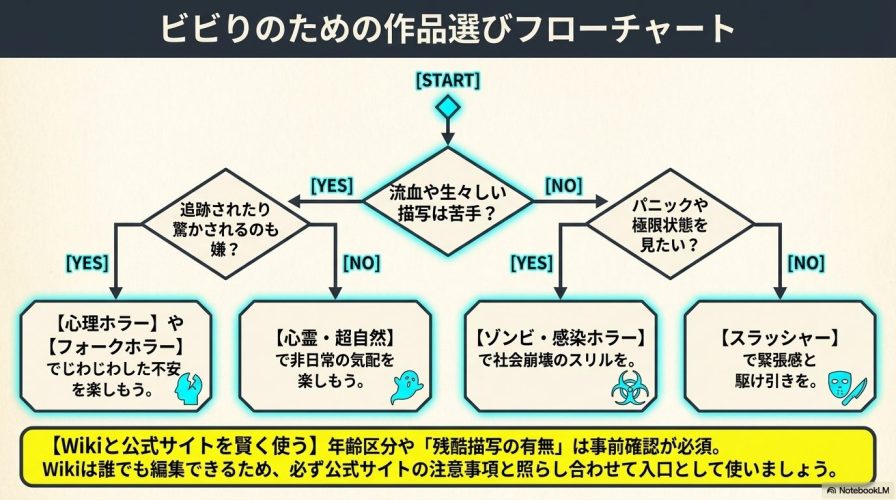 ビビりのための作品選びフローチャート。流血描写の苦手意識やパニック要素を見たいかなどの質問にYES・NOで答え、自分に合ったホラージャンルがわかる図。
