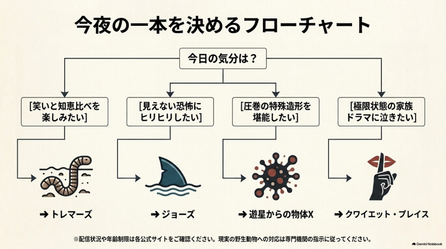 今日の気分に合わせて、「笑いと知恵比べ」「見えない恐怖」「圧巻の特殊造形」「極限状態の家族ドラマ」からおすすめの作品を導き出せるフローチャート