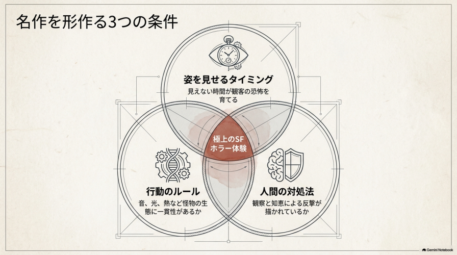 「姿を見せるタイミング」「行動のルール」「人間の対処法」という名作を形作る3つの条件を示した図解。