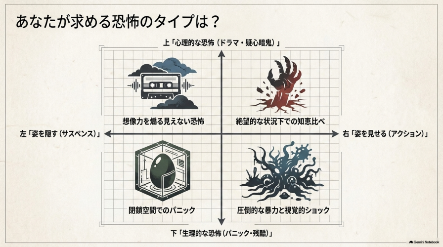 心理的な恐怖と生理的な恐怖、姿を隠すサスペンスと姿を見せるアクションの4象限で恐怖のタイプを分類したマトリクス図。