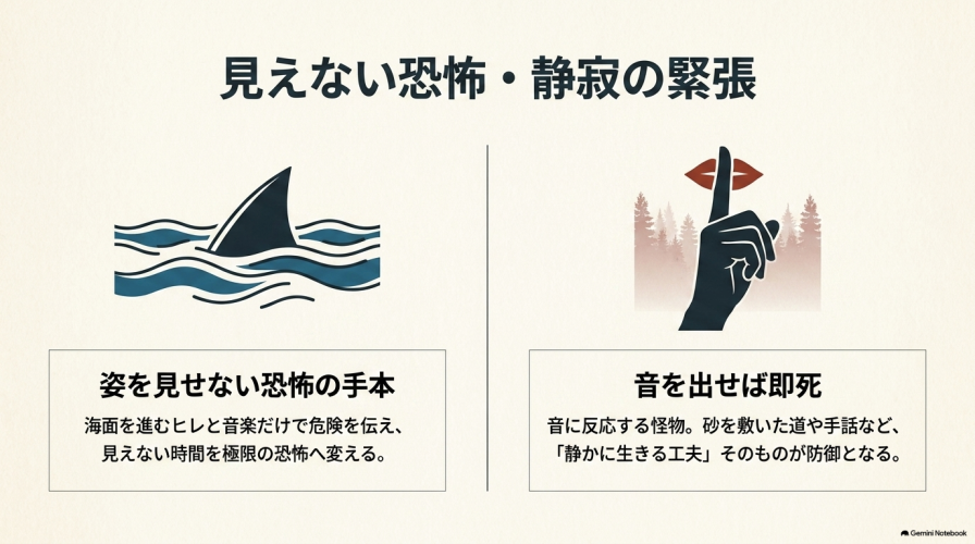 姿を見せない恐怖や、音を出せば即死するという静寂の緊張感をまとめたスライド。
