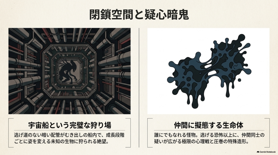 宇宙船などの閉鎖空間でのパニックや、仲間に擬態する生命体による疑心暗鬼の恐怖をまとめたスライド。