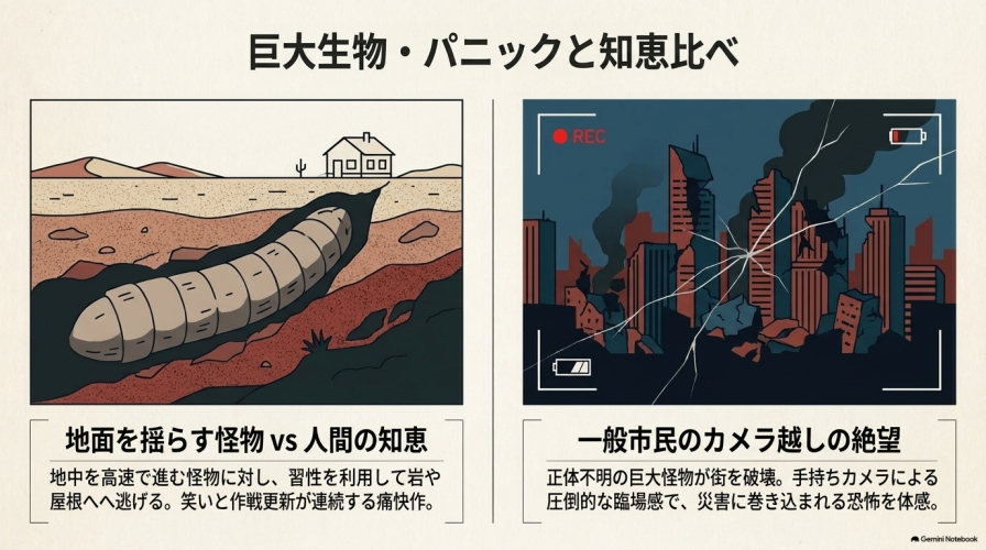 地面を揺らす怪物との知恵比べや、一般市民のカメラ越しの絶望を描くパニック映画の特徴をまとめたスライド。