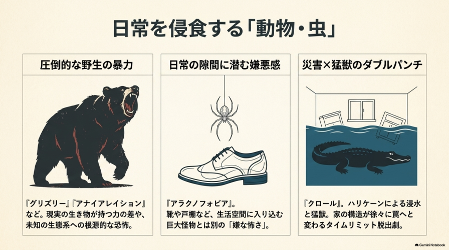 圧倒的な野生の暴力や、日常の隙間に潜む嫌悪感、災害と猛獣のダブルパンチなど、動物・虫の恐怖をまとめたスライド。