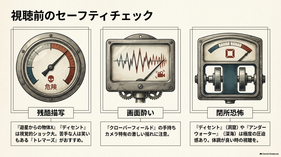 残酷描写、画面酔い、閉所恐怖など、映画を視聴する前に確認しておきたい危険度を示すメーター図。