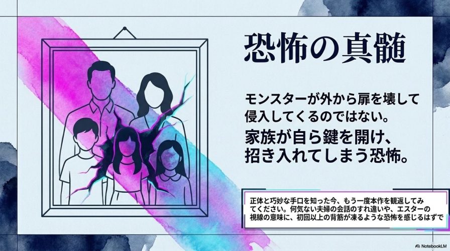 亀裂の入った家族のイラスト。モンスターが外部から侵入するのではなく、家族が自ら鍵を開け招き入れてしまう恐怖の真髄についてまとめられている。