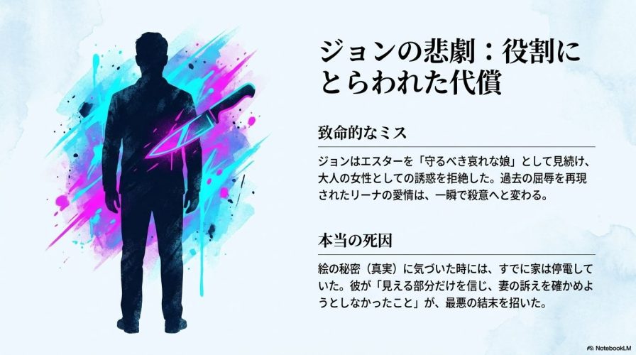 ジョンの悲劇を解説した図。エスターを大人の女性として拒絶した致命的なミスと、絵の秘密に気づいた時にはすでに遅かったという本当の死因が書かれている。