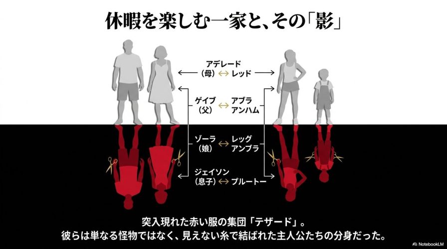 映画『アス』の主人公ウィルソン一家と、彼らの分身である赤い服の集団「テザード」の対応関係を示した図解スライド。