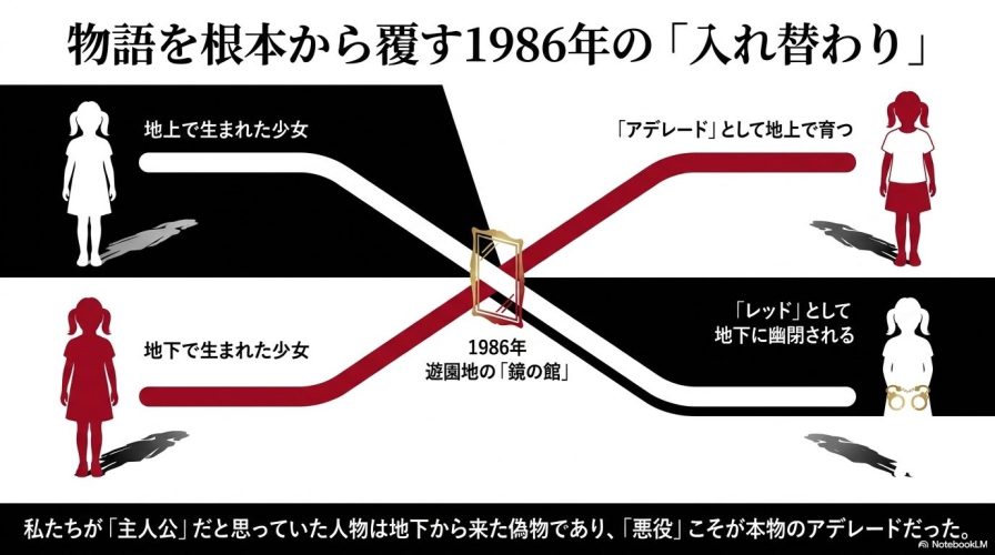 1986年に地上で生まれた少女が地下へ幽閉され、地下で生まれた少女が地上で育ったという「入れ替わり」の事実を説明するスライド。
