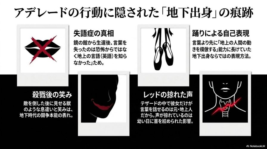 失語症の真相や殺戮後の笑みなど、アデレードの行動に隠された地下出身ならではの痕跡と伏線を解説したスライド。