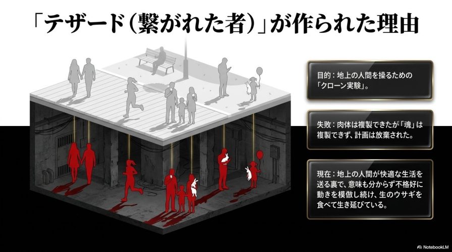 地下人テザードが作られた目的、計画の失敗、そして現在の悲惨な状況についてまとめたスライド。