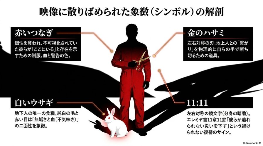 赤いつなぎ、金のハサミ、白いウサギ、11:11という、映画内に散りばめられた重要なシンボルの社会的な意味を解剖したスライド。