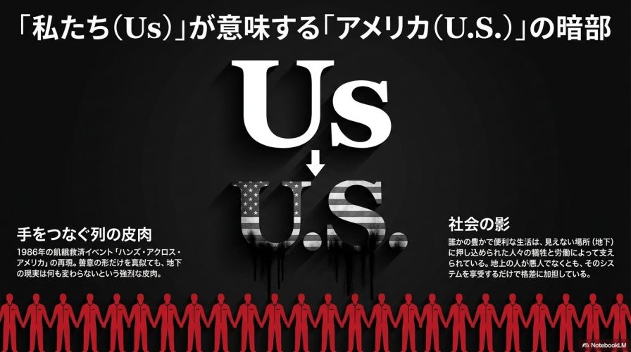 Us」が「U.S.(アメリカ合衆国)」を意味し、社会の豊かさの裏にある影や見えない犠牲を表現していることを解説したスライド。