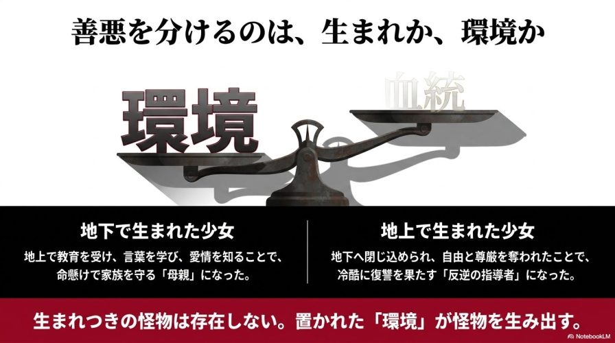 アデレードとレッドの運命を反転させたのは血統ではなく置かれた環境であるというメッセージを、天秤を用いて図解したスライド。