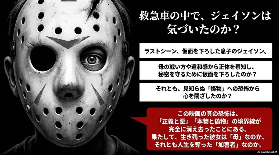 ラストシーンのジェイソンの行動への問いかけと、本物と偽物の境界線が消え去る映画の真の恐怖についてまとめた結論のスライド。