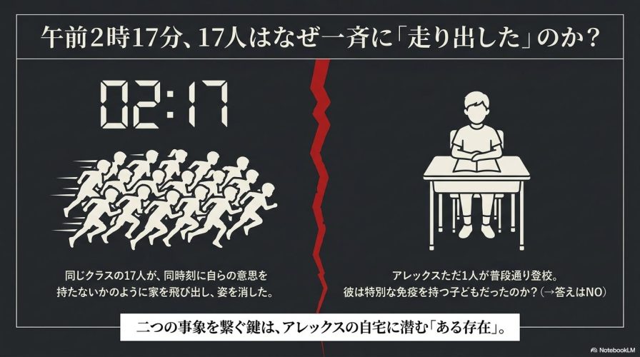 02:17というデジタル時計の表示と、一斉に走り出す17人の子どもたち、そして1人だけ机に座る子どもの図解。