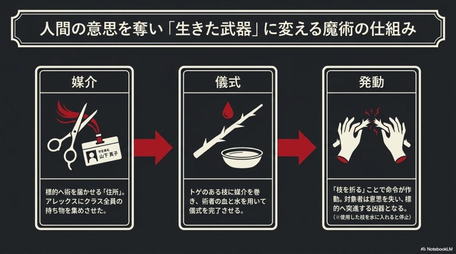 魔術の仕組みの図解。名札を切るハサミ、トゲのある枝と血と水、そして発動のために枝を折る両手が描かれている。