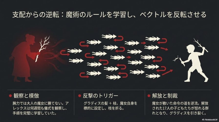 支配からの逆転の図解。アレックスが魔女の儀式を模倣して枝を折り、17人の子どもたちが魔女の方へ反転して襲い掛かる様子が描かれている。