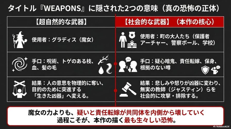 タイトル『WEAPONS』の意味の比較表。超自然的な武器と、疑心暗鬼や責任転嫁といった社会的な武器の違いがまとめられている。
