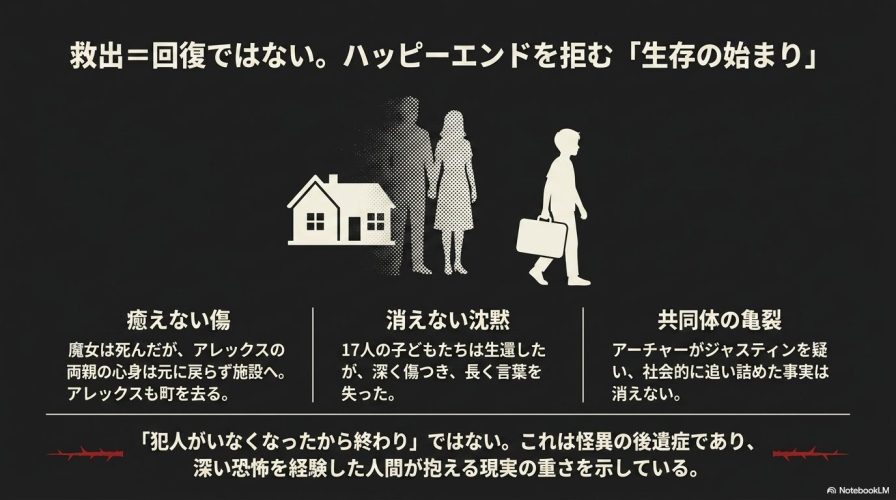 救出と回復の違いを示す図解。影のかかった両親と家、そこからトランクを持って離れる少年のシルエットが描かれている。
