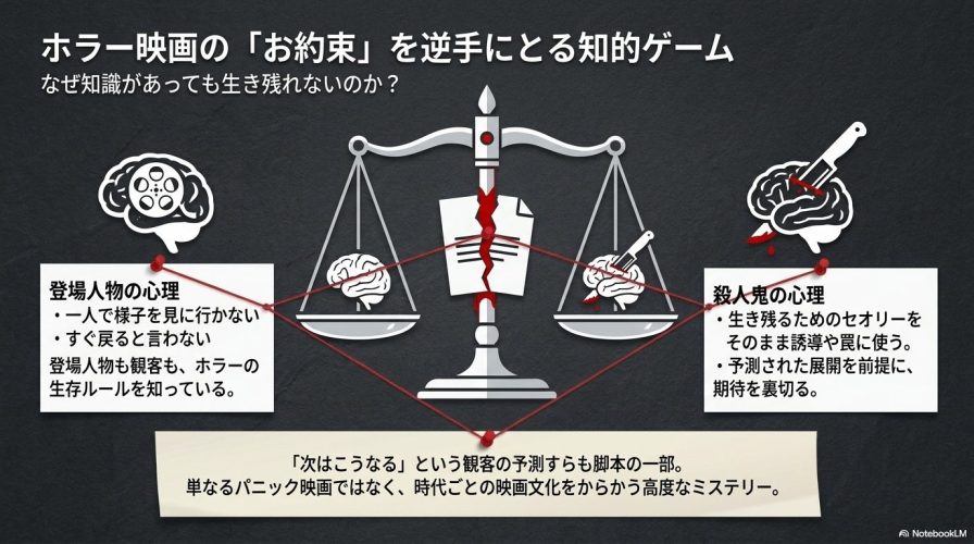 天秤のイラストで登場人物と殺人鬼の心理を描いた図。ホラーの生存ルールを知っている登場人物に対し、殺人鬼がそのセオリーを罠に使い、観客の予測すら裏切る知的ゲームの構造を解説している。