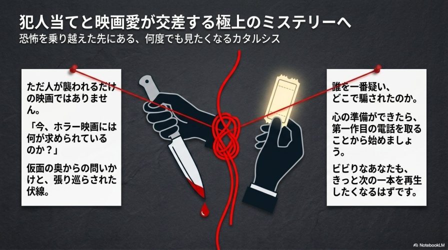 記事の締めくくりとなるスライド画像。「ただ人が襲われるだけの映画ではありません」というメッセージとともに、犯人当てのミステリーと時代ごとのホラー批評としての魅力を伝えている。