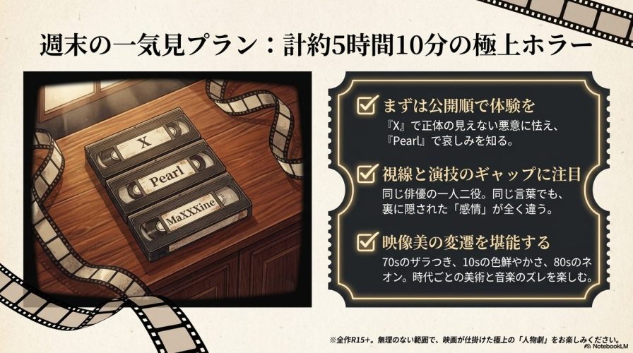 3作品のVHSテープが並んだイラスト。公開順での鑑賞体験や、俳優の演技、時代ごとの美術の変遷を楽しむための約5時間10分の一気見プランが提案されています。
