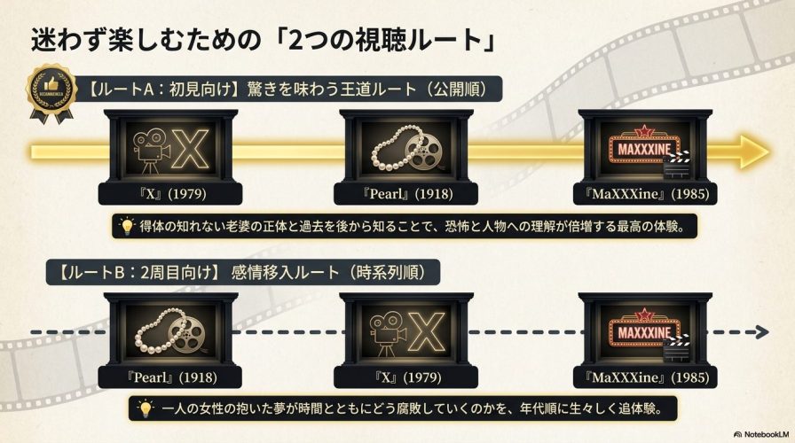 初見向けの公開順（ルートA）と2周目向けの時系列順（ルートB）の2つの視聴ルートを図解したスライド。