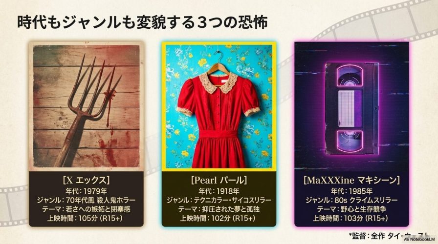 3作品それぞれの年代、ジャンル、テーマ、上映時間をまとめたスライド。『X』は70年代風、『Pearl』はテクニカラー、『MaXXXine』は80sクライムスリラーと記載されています。