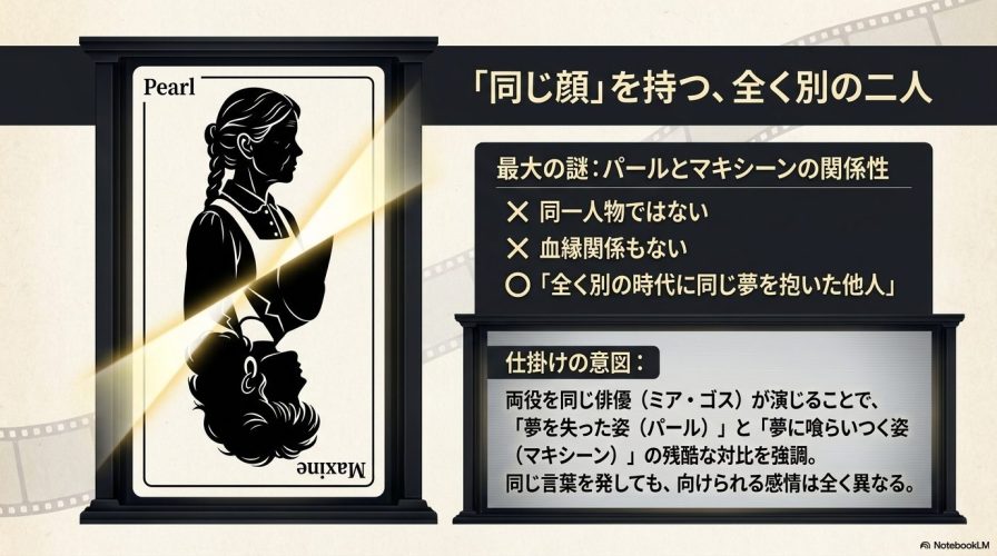 パールとマキシーンがトランプの絵柄のように上下鏡合わせになったイラスト。同一人物や血縁関係ではなく、全く別の時代に同じ夢を抱いた他人であるという関係性が解説されています。