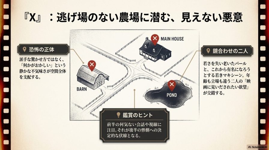 映画『X』の舞台となる農場の見取り図。メインハウス、納屋、池の配置と、前半の何気ない会話や視線が後半への伏線になるという鑑賞のヒントが記載されています。