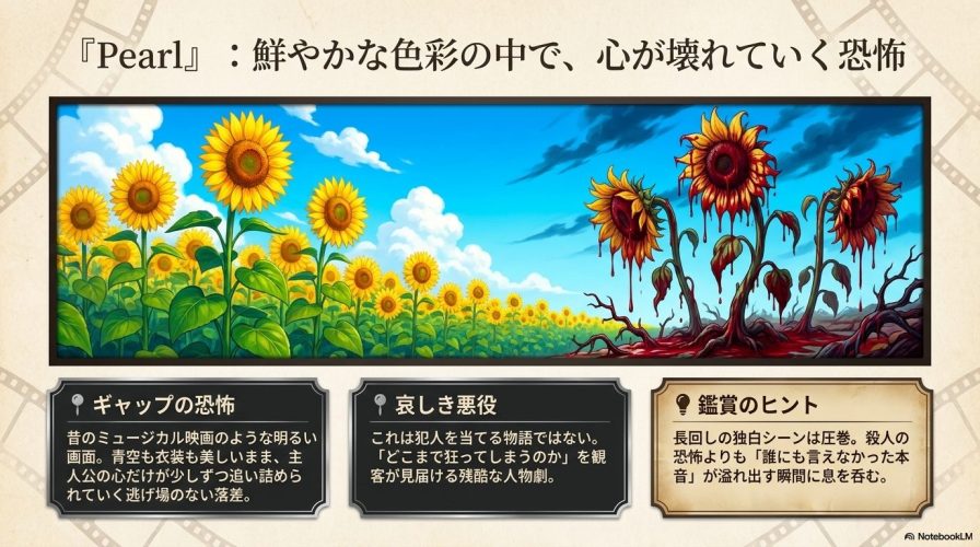 鮮やかなひまわり畑が血に染まり枯れていくイラスト。明るい画面と主人公の心が追い詰められていくギャップについての解説が書かれています。