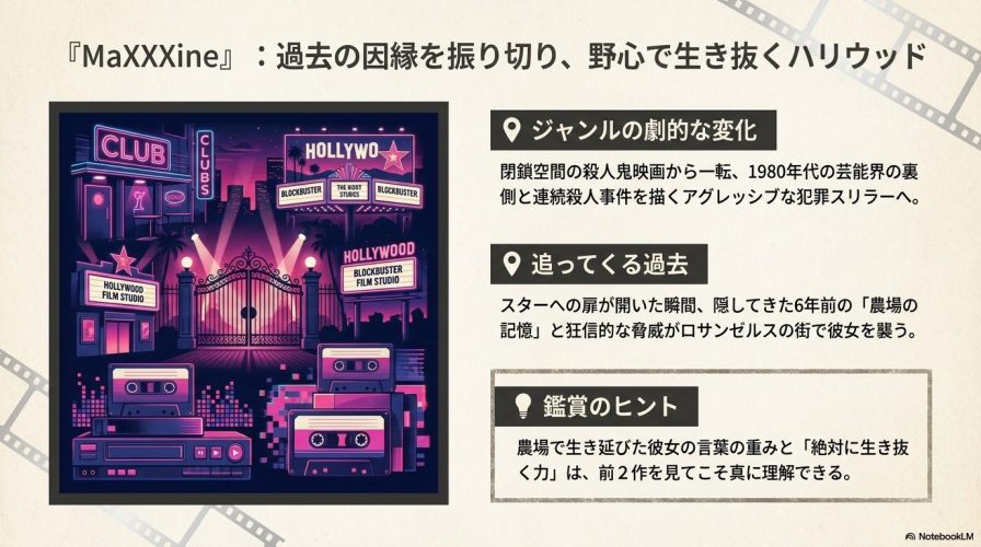 ネオンが輝く1980年代のハリウッドの街並みやビデオテープのイラスト。犯罪スリラーへのジャンル変化と過去の因縁についての解説が書かれています。