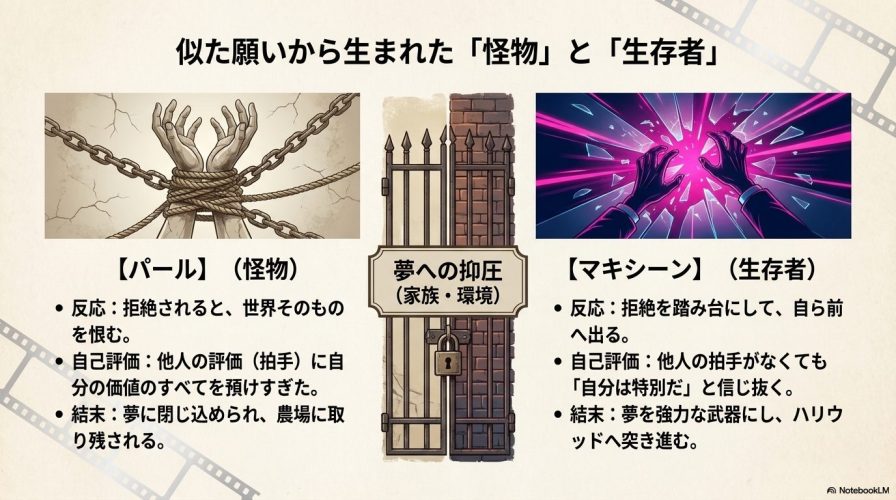 縛られた手と、扉を開く手の対比イラスト。夢への抑圧に対し、世界を恨む怪物（パール）と、野心で生き抜く生存者（マキシーン）の違いがまとめられています。